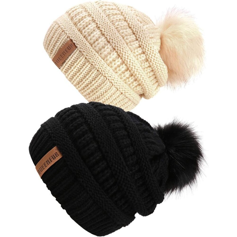 Women Black/Beige 2pack Acrylic Thick Baggy Knit Winter Faux Fur Pompom Beanie